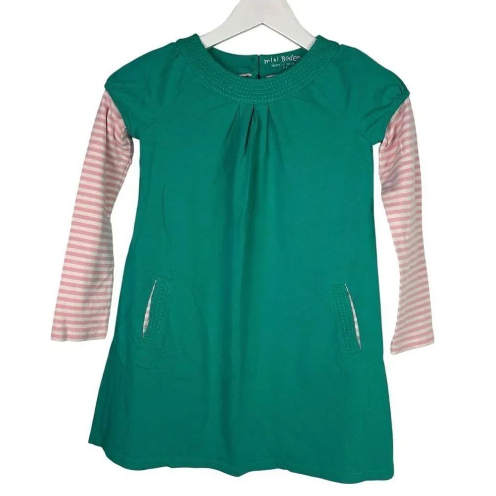 Mini Boden Green Dress Stripe Sleeves 7-8 Year